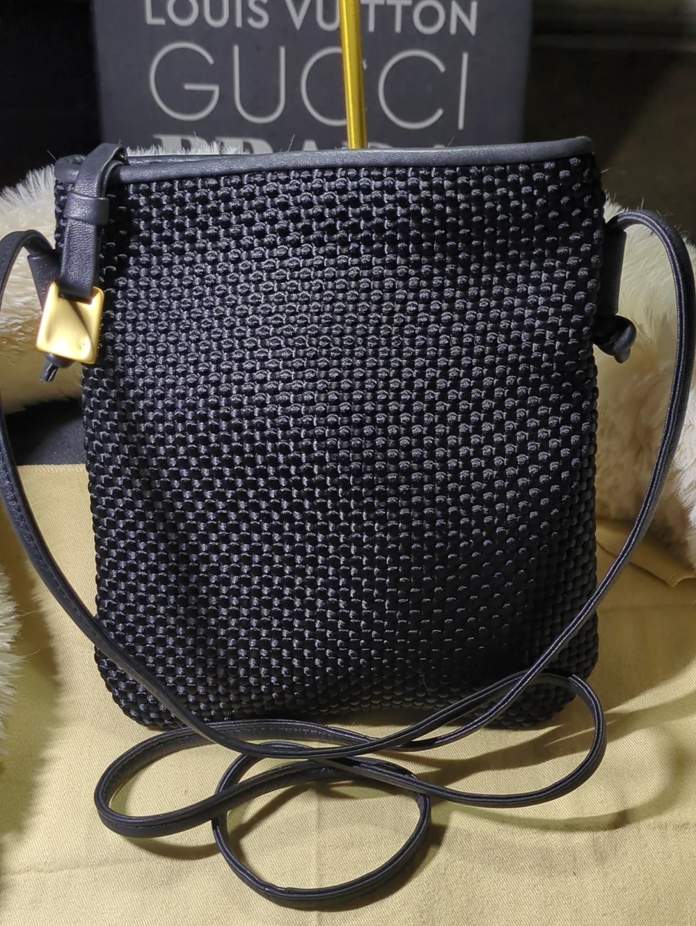 Vintage Sharif Americana Black Woven E/Leather Trim Crossbody NOW ONLY _$90